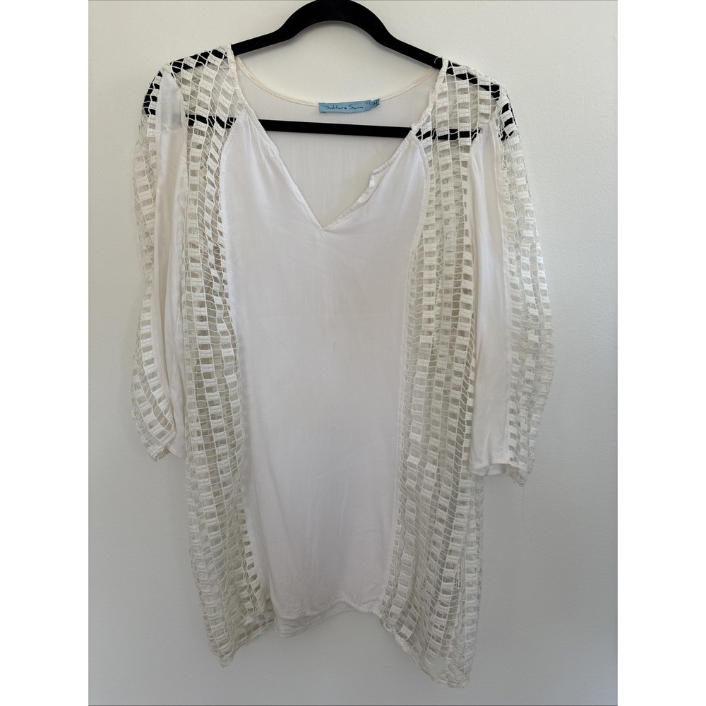 Solitaire Swim White Crochet Panel V-Neck‎ Beach Cover Up Tunic Small 13-1366A